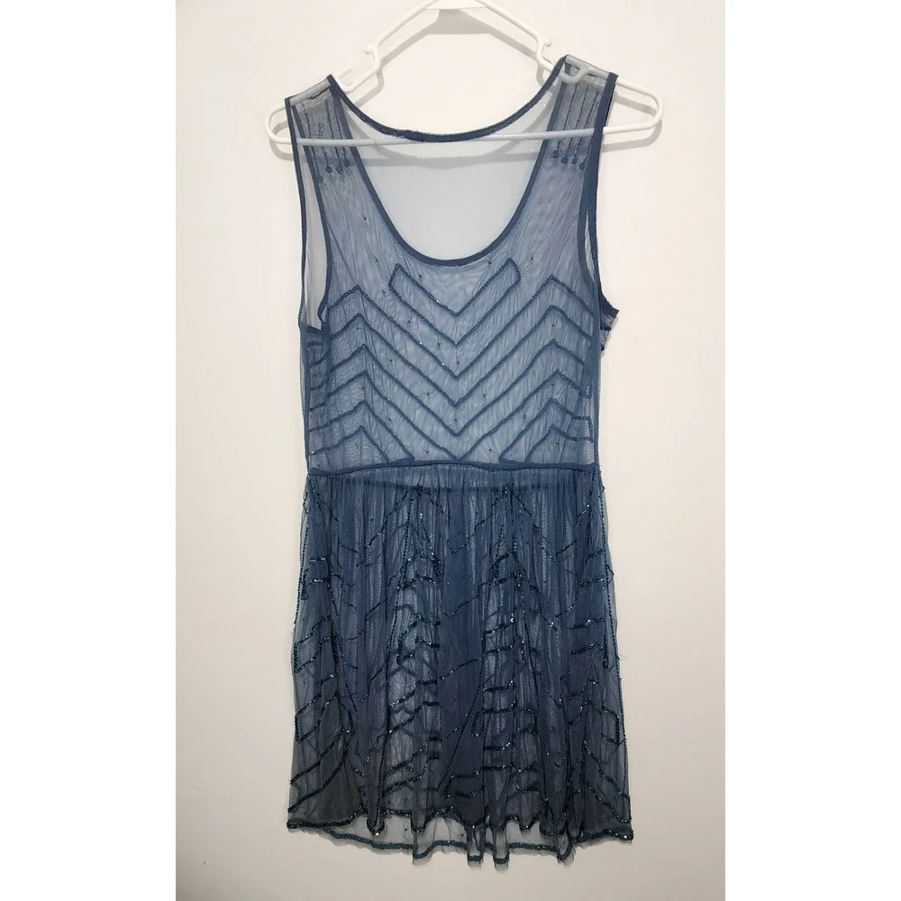 Free People Embellished Mesh Mini Slip Dress blue Beaded Women's Size Small Boho